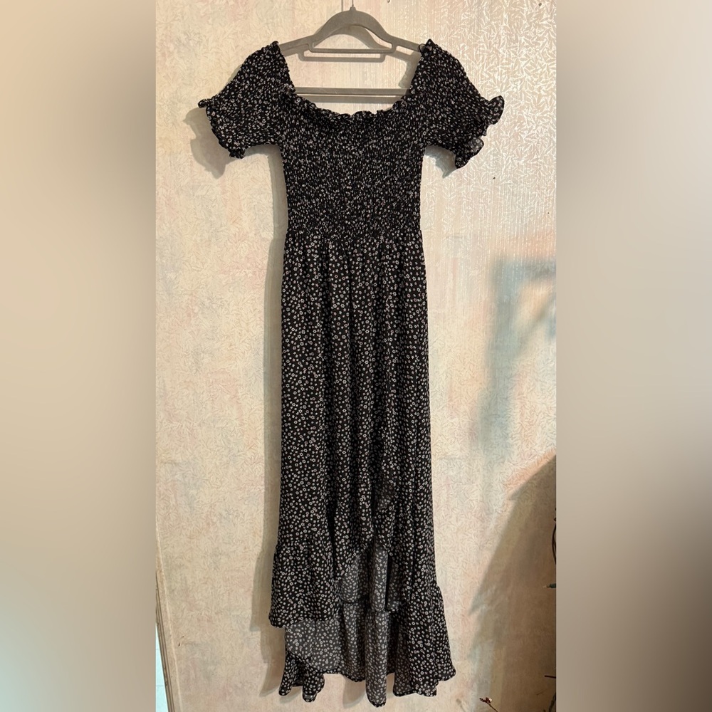 Blue Rain Smocked Bodice,Off The Shoulder, High Low,Side Slit Black Floral Maxi